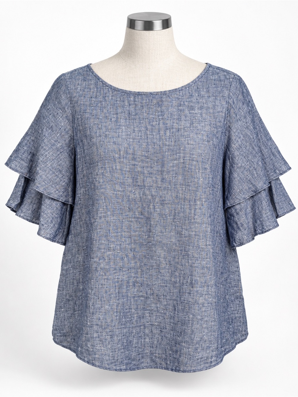 Lord & Taylor 100% Linen Blue Tiered Ruffle Sleeve Blouse